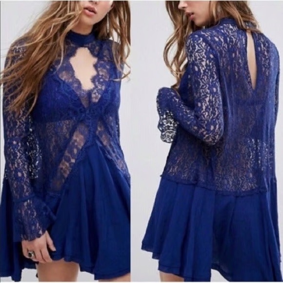 Free People Dresses & Skirts - Free People Tell Tale See Through Royal Blue Lace Bohemian Dress Small